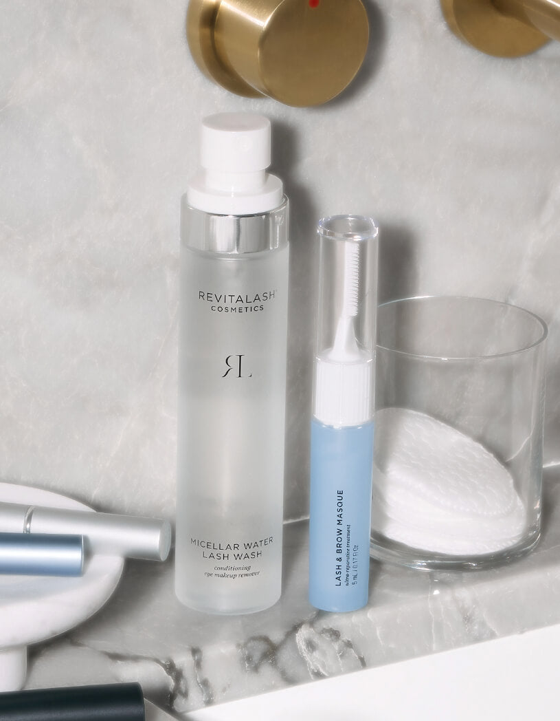 Micellar Water Lash Wash & Lash & Brow Masque in bathroom